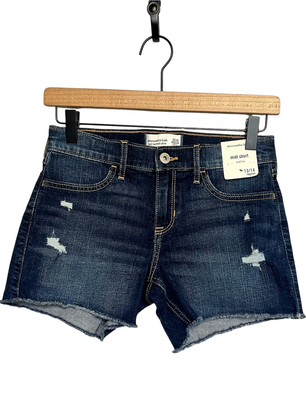 Abercrombie & Fitch girls Dark Blue Distressed Denim Midi Shorts NWT Size 13/14